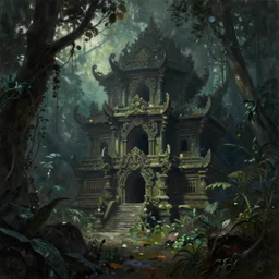 dark fantasy temple in jungle, oil painting, dark atmosphere, in the style of frank frazzeta