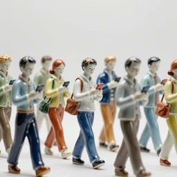 A crowd of walking colourful porcelain people figurines close up, looking at their phones, Canon TS-E 17mm f/4, pristine quality wallpaper
