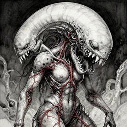 naraka buddhist demon korean female, angry female alien, shark teeth, tubular creature, blood vessels, no face, dystopian surrealism, alex ries zdzisław beksinski, symmetrical long head, smooth marble surfaces, smooth marble surfaces, detailed ink illustration, detailed ink illustration, raiden metal gear, cinematic smooth stone, deep aesthetic