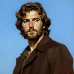 a beautiful cinematic masterpiece painting of handsome man with short beard. long hair wavy brown. by gil elvgren, by frank frazetta, by greg rutkowski, trending on artstation, featured on pixiv, portrait, matte painting, sky blue backgrouns, intricate elegant digital painting, cinematic composition soviet era pose, abstract