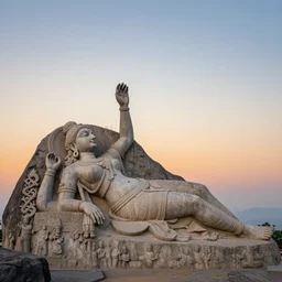 a detailed colossal magnificent stone sculpture carved from the peak of a massive mountain of an elegant woman lying flat on the ground with one hand raised to the sky, fine detail, sunrise on the horizon in the background, stone hand raised up, 8 k, art by meera mukherjee and ramkinker baij