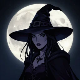 close up portrait of a dark witch in front of the full big moon, vector graphic, .eps, .ai, Adobe Illustrator, clear lines and clear shapes, intricate, 8k highly professionally detailed, HDR, CGsociety