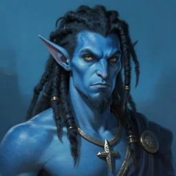 portrait of a blue skin genasi with a square jaw from d & d by greg rutkowski, blue skin, caucasian, black dreadlocks and small beard, tempest priest, runic rings, d & d character, blue, ocean background, highly detailed portrait, digital painting, artstation, concept art, smooth, sharp foccus ilustration, artstation hq