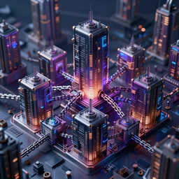 a cyberpunk blockchain city, chains connecting separate blocks, blockchain, symmetry, intricate, volumetric lighting, beautiful, rich deep colors masterpiece, sharp focus, ultra detailed, in the style of john harris