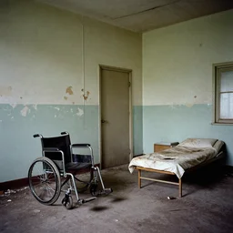 abandoned psychiatric ward with paint peeling of the walls, dirty floor, broken wheelchair, stained bed, 1 9 0 0 s photography
