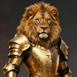 a award winning commission photograph of an anthropomorphic lion with human features wearing a golden knight armor, digital art, character concept, highly detailed, deviantart, artstation, beautiful, photorealistic, imagination, fantasy, dramatic