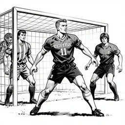 jamie vardy scoring a goal, a page from cyberpunk 2 0 2 0, style of paolo parente, style of mike jackson, adam smasher, johnny silverhand, 1 9 9 0 s comic book style, white background, ink drawing, black and white