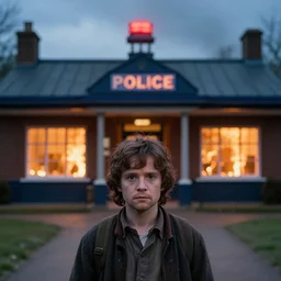 a burning police station, frodo baggins in foreground