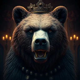 a portrait of a bear, full medium shot, volumetric, baroque, rococo, tarot card color scheme, cinematics lights, detailed, artistically realistic, octane render, fine art by peter mohrbacher & marc simonetti