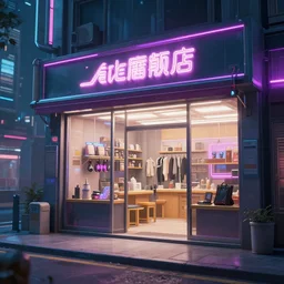 a cinematic keyframe of a cyberpunk city shop at night, highly detailed, sharp focus, unreal engine highly rendered,, radiant light, subtle light fog