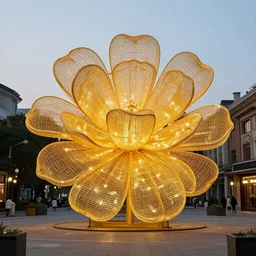 a gigantic golden wire sculpture of a flower in the town square, golden light