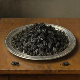 classic still life of a large pile of dead small black flies served on a round silver platter on a wooden table, oil on canvas, highly detailed
