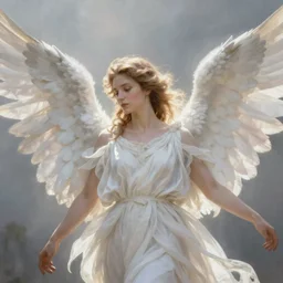 beautiful portrait of an angel with beautiful face and her huge white wings spread out gracefully, painted by daniel gerhartz, highly detailed, beautiful, back lit, graceful and elegant, ethereal