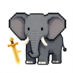 a pixelated 1 bit elephant, infront of the elephant is a pixelated 1 bit golden sword.