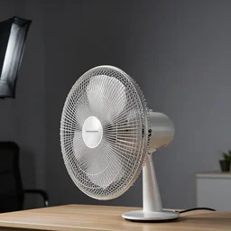 desk fan with a funnel attached to the back leading to the top of the room, professional photography, studio lighting