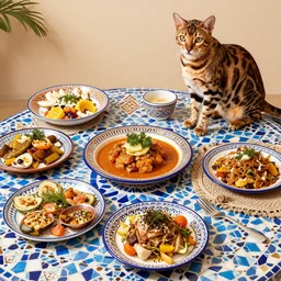set of dishes with marrocan mosaic bengal cat