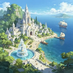 A trading port near the ocean in a beautiful elven city made of white marble, anime, lush trees, fountain, sailing ships, a fantasy digital painting by Greg Rutkowski and James Gurney, trending on Artstation, highly detailed