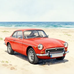 watercolor painting of a 1 9 7 0 s mgb gt on the beach with the sea in the background