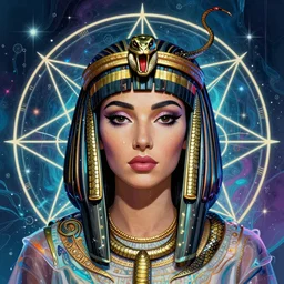 a cyberpunk portrait of cleopatra by jean - michel basquiat, by hayao miyazaki by artgerm, highly detailed, sacred geometry, mathematics, snake, geometry, cyberpunk, vibrant, water