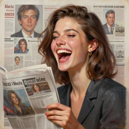 3 d, close - up, laughing fashion model, newspaper, tears, poster art, intricate oil painting, high detail, figurative art, multiple exposure, poster art, 3 d, by stanley kubrick and tooth wu and wlop and beeple