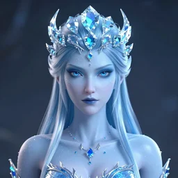 HD render of Malevolent Ice Queen with round ice crystals on forehead in the style of Artstation, Unreal Engine, photorealistic, reflective