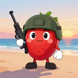 a strawberry character with a gun and a military helmet at the beach, sunset, hd, digital art