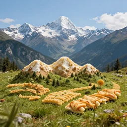 a wideshot of a landscape of mountain range, made out of food, hyperrealistic, 3 5 mm lens