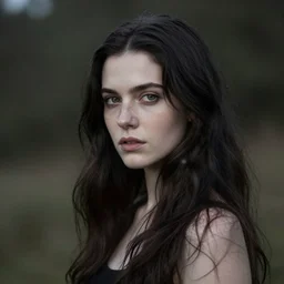 Beautiful Scottish dark haired woman, pale skin, freckles, coy, anima