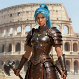 frontview portrait of gladiator warrior lady, young, japanese features, dark skin, light blue hair, ponytail, brown heavy armor, axes, posing, coliseum background, highly detailed, smooth, sharp focus, digital painting, artgerm and greg rutkowski and alphonse mucha