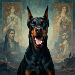 realistic detailed portrait movie shot of a snarling doberman wearing a dark blazer, sci fi landscape background by denis villeneuve, amano, yves tanguy, alphonse mucha, ernst haeckel, max ernst, roger dean, masterpiece, rich cold moody colours, dog teeth, blue eyes