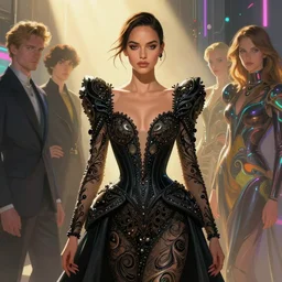 Ana de Armas wearing epic haute couture by Alexander McQueen, extremely beautiful and proportionate face, in the aesthetic of mert and marcus, masterpiece, intricate, elegant wardrobe, highly detailed, digital painting, artstation, concept art, crepuscular rays, smooth, sharp focus, illustration, neon cyberpunk colors, art by artgerm and james jean and greg rutkowski and alphonse mucha