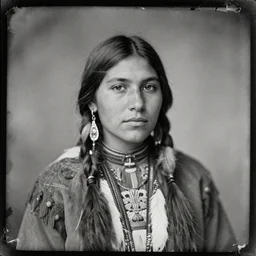 native american young beautiful woman, old vintage photography, damaged photo, daguerreotype, ambrotype, black and white, archive, film artifacts, scratches, tears, hyperrealistic, ultra detailed