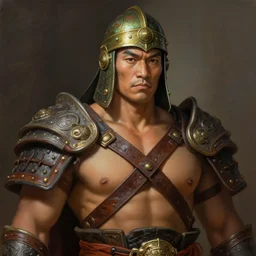 tai warlord, closeup portrait, historical, ethnic group, traditional tai costume, bronze headset, leather shoulder armor, fantasy, intricate, with leather armor cross onbare chest, elegant, loin cloth, highly detailed, oill painting, artstation, concept art, matte, sharp focus, illustration, hearthstone, art by earl norem