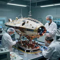 scientists creating an artificial alien spaceship construction in a laboratory, photo realistic, art by stephen martiniere,