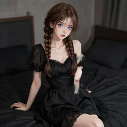 beautiful woman with braided brown hair and blue eyes, wearing a black dress, sitting on her bed, black colors, highly detailed, in the style of and ilya kuvshinov and greg rutkowski, high quality anime artstyle, intricate