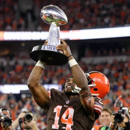 photograph of cleveland browns qb deshaun watson lifting super bowl lombardi trophy, 5 0 mm lens