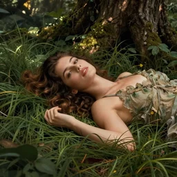 gorgeous woman lies overgrown with grass and trees, style of antonio mello