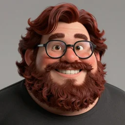 pleasant, grinning, heavy - set, nerdy man character portrait, dark auburn wavy hair, full beard, glasses without frames, freckles, by don bluth, highly detailed, dynamic shadows, 4 k, wallpaper - 1 0 2 4