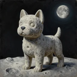 surrealism oil painting of a cute surrealistic stone dog on the moon, extremely detailed, sharp focus, wide view, full body shot, smooth, digital illustration, m, james jean, by rossdraws, frank franzzeta, mcbess, sakimichan, brosmin, danton fadeev, steve simpson