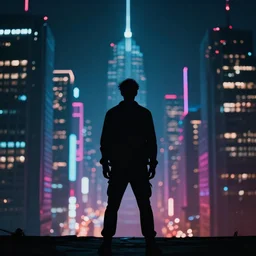 one man silhouette standing in front of a cyberperunk city, neon lights, night, bokeh, very beautiful, trending on deviantart, movie still