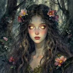 highly detailed watercolor, beautiful shadow forest spirit, long hair, nostalgia for a fairytale, magic realism, flowerpunk, mysterious, glowing eyes, by charles vess, anato finnstark, cinematic lighting, beautiful face by leyendecker