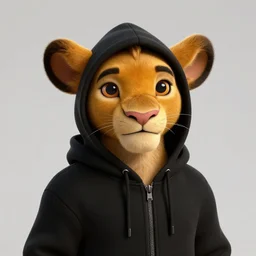 young simba like a human, dressed a black hoodie, portrait, digital art, ultrarealistic, artstation, 8k, hyperdetalied, high quality, high render