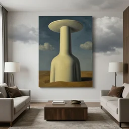 cloudy living room, painting by rene magritte, centered, high detail, high resolution