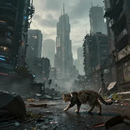 apocalyptic city with a stray cat, cyberpunk style, photorealistic render