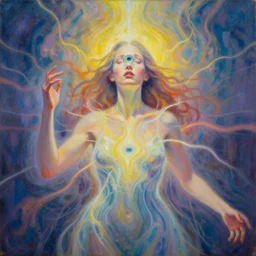 acid tripping midsommer girl third eye open, chakra energy waves resonating from her body, ethereal aura, epic surrealism 8 k oil painting, portrait, perspective, high definition, post modernist layering, by sean yoro, gerald brom