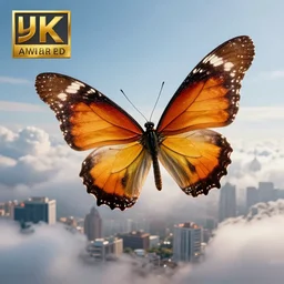 giant butterfly flying past a city in the clouds, highly detailed, 8 k, hdr, award - winning, octane render, trending on artstation, volumetric lighting