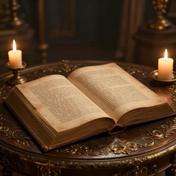 a singular, ancient open book on an exquisite table, candlelit, volumetric lighting, 8 k octane beautifully detailed render, post - processing, extremely hyper - detailed, intricate, epic composition, cinematic lighting, masterpiece, trending on artstation, stunning art by caravaggio, by greg rutkowski, beautiful cinematic light