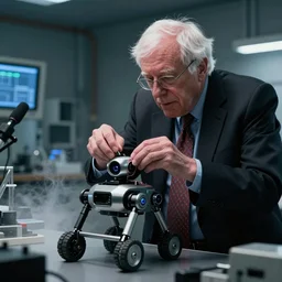 bernie sanders putting the finishing touches on a small weaponized robot, cinematic moody lighting, smoky laboratory, sharp focus, imax