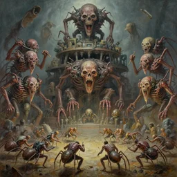 oil paint of 1 1 horrifying machines as ticks wearing flayed gods in tiers, colossal medical gangrene machines in tiers, dethroning / we machines / melee, battle pit, by shigeru komatsuzaki, by alberto bontempi, basil gogos, wayne d barlowe, stefano tamburini, torch light, muted colors, epic, hyper detailed, awe inspiring