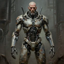 ultra realist intricate detailed horror painting of a single rugged cyborg male, bearded face and cyborg tech on body and legs, symmetry accurate features, cyberpunk, industrial, apocalyptic, very intricate details, focus, high resolution, 8 k resolution, dramatic lighting, artstyle alex ries and zdzisław beksinski, award winning